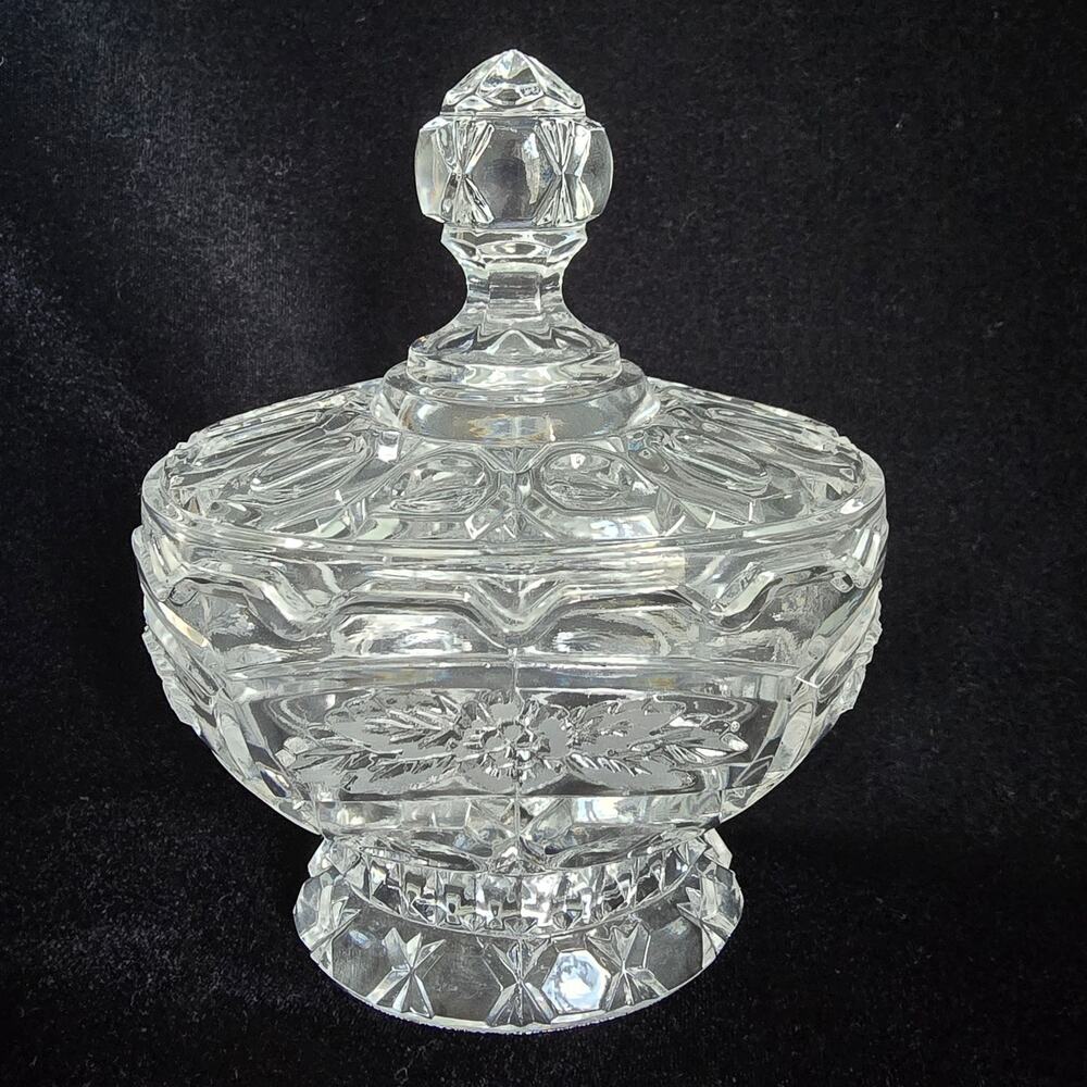 Vintage Covered Candy Dish Clear Glass Crystal Floral Thumb Print Cottagecore